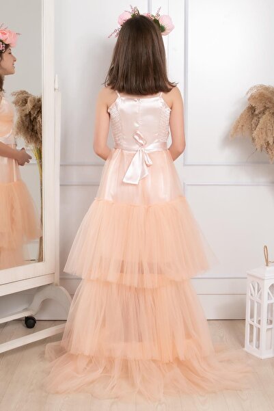 SUBU TASARIM Stone Detailed Tailed Tulle Evening Dress Salmon Mdv316