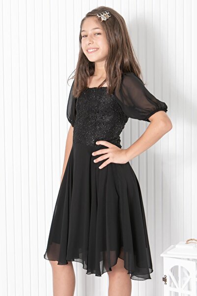 SUBU TASARIM Balloon Sleeve Detailed Chiffon Evening Dress Black Mdv332