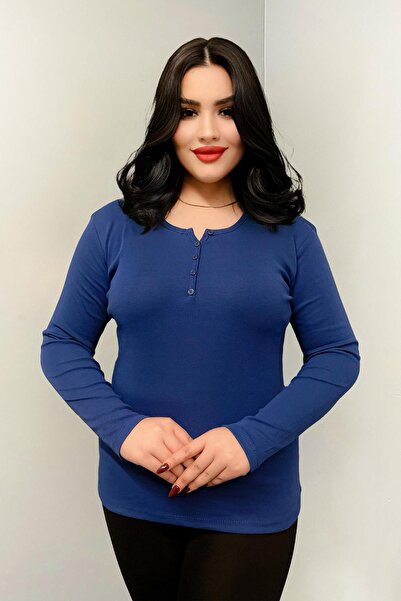 Siyezen Βαμβακερή μπλούζα μεγάλου μεγέθους με λεπτομέρεια κουμπιών, Σαξ Μπλε