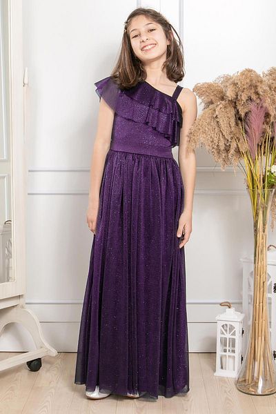 SUBU TASARIM Glittery Tulle Evening Dress with Shoulder Detail Purple MDV312