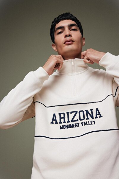 DeFacto Unisex Relax Fit Zippered Stand Collar Printed Sweatshirt A5358Ax23Wn