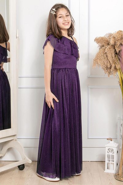 SUBU TASARIM Glittery Tulle Evening Dress with Shoulder Detail Purple MDV312