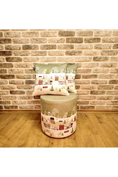 Armi Puf Yeşil Karlı Şehir Desenli Yuvarlak Puf +2 Kırlent Kılıfı