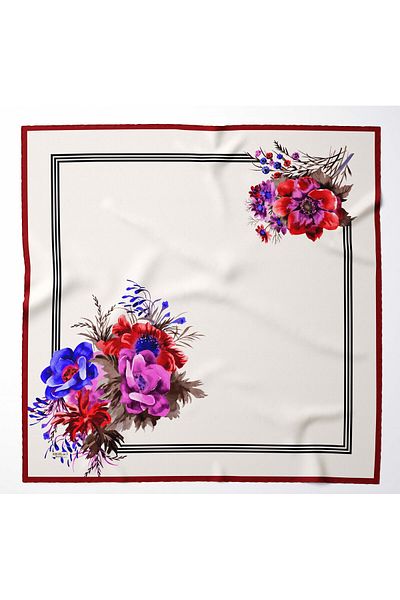 hijabchi Μεγάλο μεταξένιο κασκόλ Sura Rayon - Κρέμα - Claret Red - 120 X 120 cm