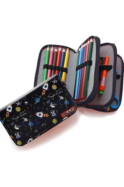 Limmy Μολυβοθήκη Astronaut Moon Galaxy Kawai Organizer Θήκη για στυλό Vegan Δερμάτινη θήκη για στυλό τριών διαμερισμάτων-Μαύρο