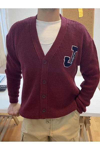 COOL TARZ Claret Red Men's Regular/Normal Cut V-Neck Buttoned Embroidered Cardigan