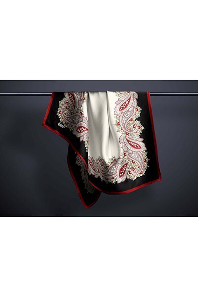 hijabchi Μεγάλο μεταξένιο κασκόλ Sura Rayon - Κρέμα - Μαύρο - 120 X 120 cm