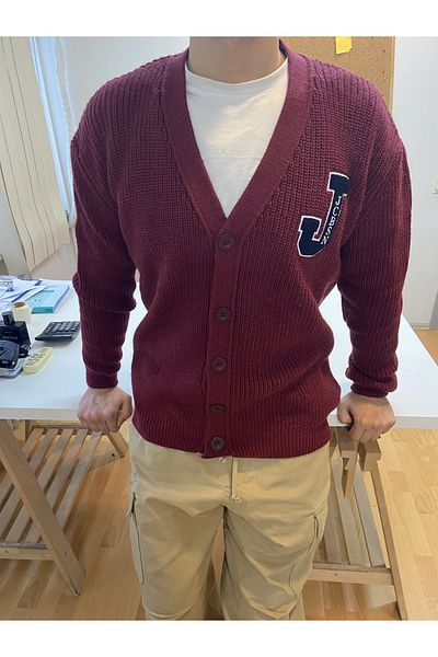 COOL TARZ Claret Red Men's Regular/Normal Cut V-Neck Buttoned Embroidered Cardigan