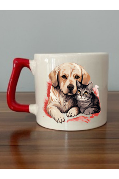 lili hediyelik كوب بمقبض أحمر مع قطة وكلب - كوب هدية من السيراميك للشاي والقهوة