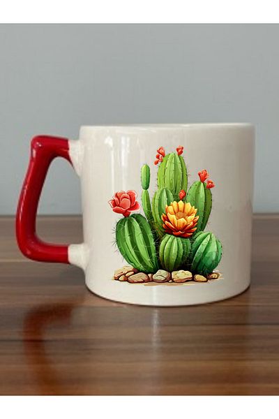 lili hediyelik Cactus Visual Red Handled Mug Cup - Ceramic Tea, Coffee Gift Cup