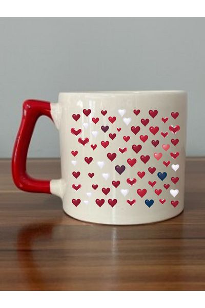 lili hediyelik Cup with Heart and Red Handle - Ceramic Tea, Coffee Gift Cup