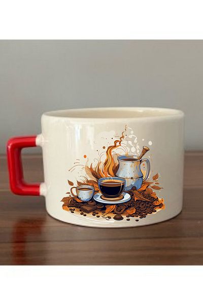 lili hediyelik Coffee Bean Printed Cup with Red Handle Ceramic Mug - Ceramic Tea, Coffee Gift Cup