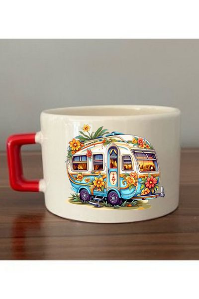 lili hediyelik Floral Caravan Printed Cup with Red Cup Ceramic Mug - Ceramic Tea, Coffee Gift Cup
