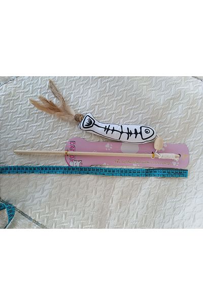 Efna Store Puff Fish Cat Toy Wooden Handle Fishing Rod