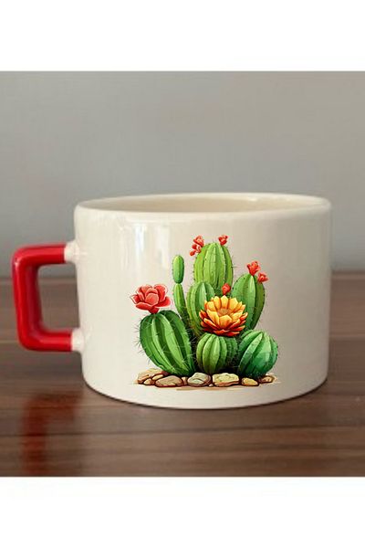 lili hediyelik Cactus Printed Cup with Red Handle Ceramic Mug - Ceramic Tea, Coffee Gift Cup