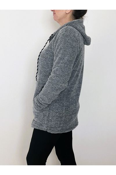 Farah Butik Women's Gray Plush Thick Zippered Hooded Pocket Jacket