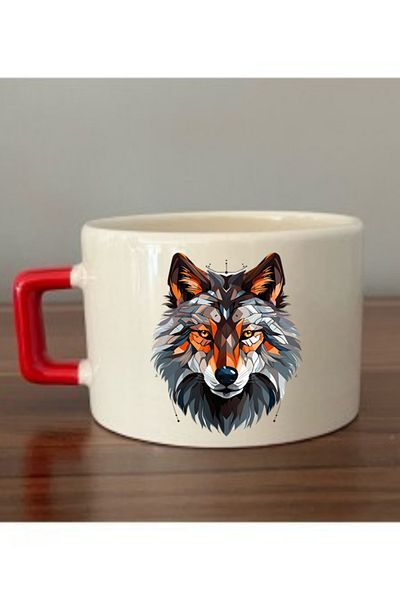 lili hediyelik Modern Wolf Printed Cup with Red Handle Ceramic Mug - Ceramic Tea, Coffee Gift Cup
