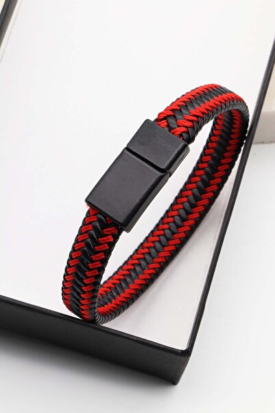 Northwatch Kırmızı & Siyah Dikişli Siyah Örgü Deri Bileklik