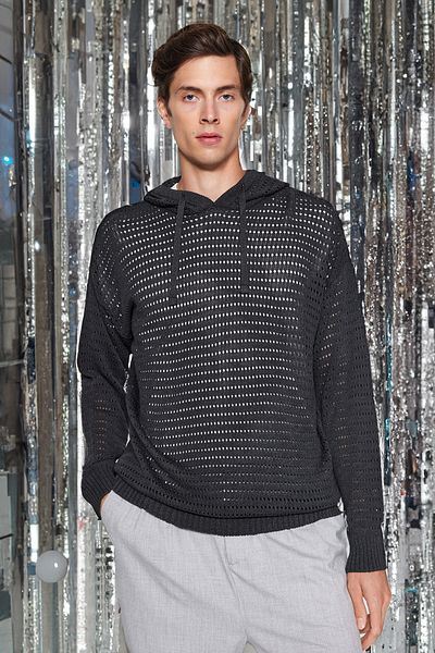 Trendyol Collection Oversize Anthracite Knitwear Sweater - Crochet Detailed, Hooded TMNAW24KZ00054