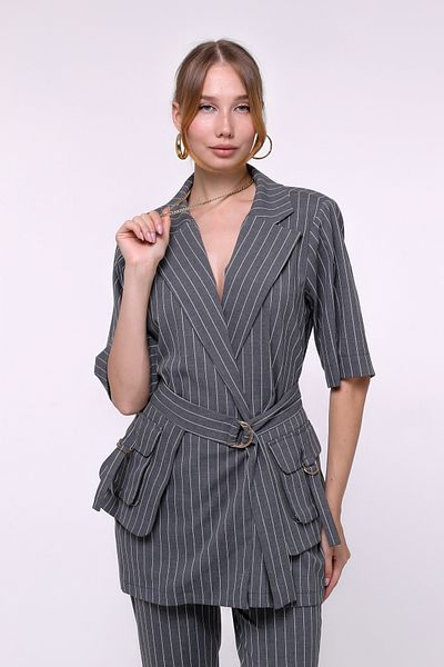 1Moda1Tarz Women's Gray Shirt Collar Striped Pattern Side Seal Pocket Detailed Belted Top and Bottom Set