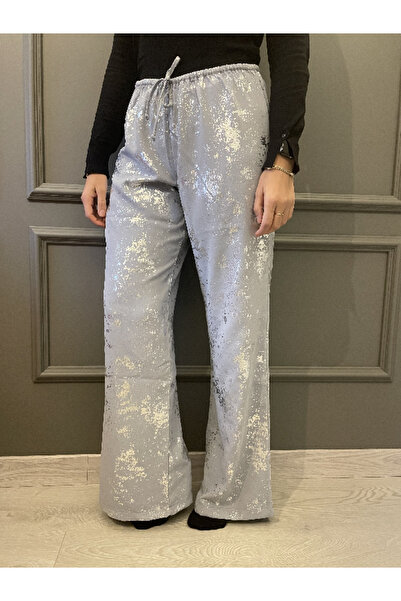 Seşa Gray Foil Printed Waist Tied Trousers