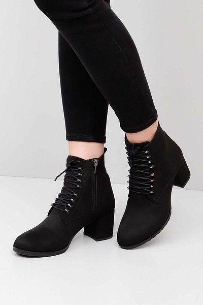 Anıl Ayakkabı Swell 27 Women's Black Suede Round Toe Heeled Zippered Lace Up Women's Daily Boots