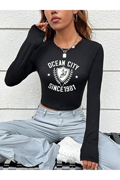 Bengi Clothing Μαύρη στάμπα - Μακρυμάνικη μπλούζα με ριμπ λαιμόκοψη