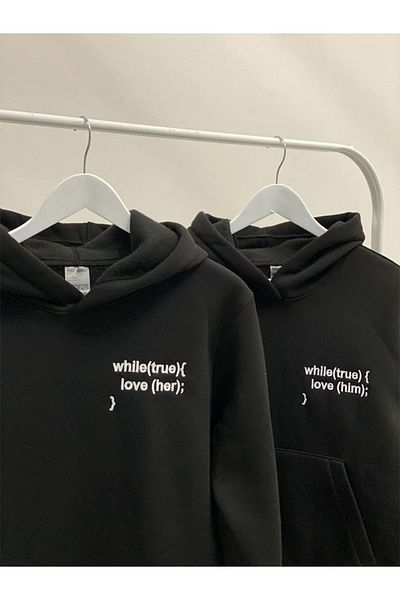 Mythologie Code Dear Couple Combination Sweatshirt - Black Printed Oversize Hoodie