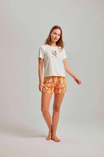 Pamuk & Pamuk Ecru Printed Crew Neck T-Shirt Shawl Pattern Viscose Women's Shorts Set