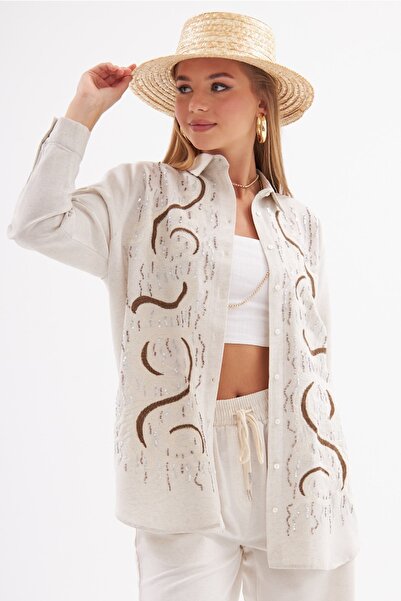 FEMELLE قميص نسائي مقاس قياسي مطرز ومطرز بالترتر