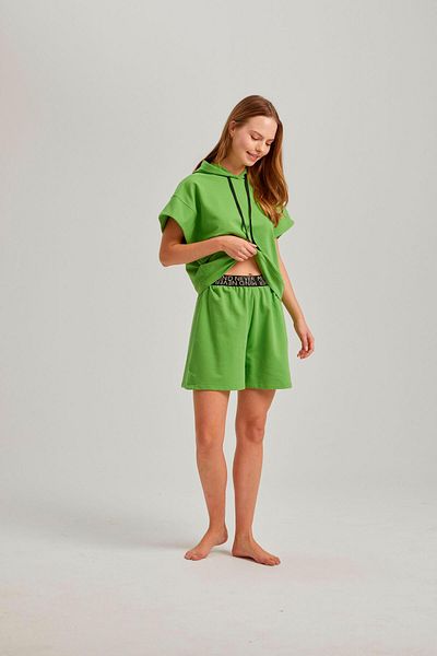 Pamuk & Pamuk Green Women's Shorts Set - Short Sleeve, Hoodie, Waist Accessory, Two Thread