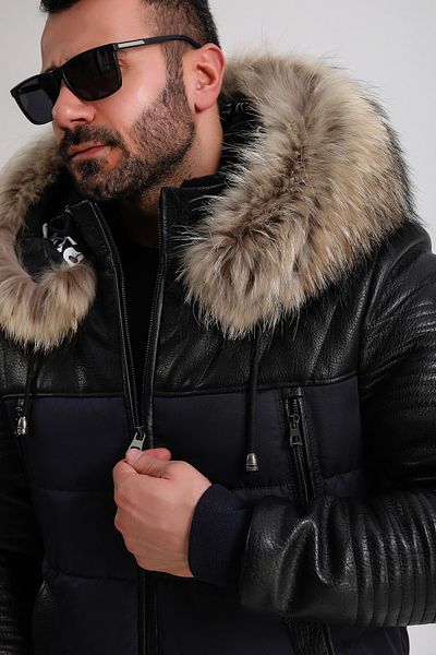 Leather Club Navy Blue Leather Coat with Fox Fur Accessories