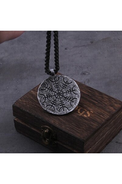 Viking Vegvisir Madalyon Pusulası Antrasit Eskitmeli Örgü Zincir 316 Çelik Er...