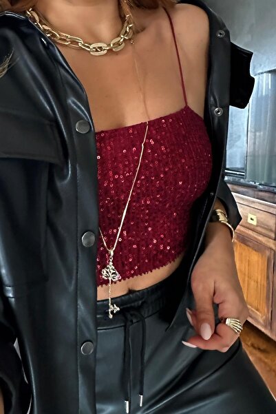 Sohotique By P Sequined Rope Strap Crop Claret Red