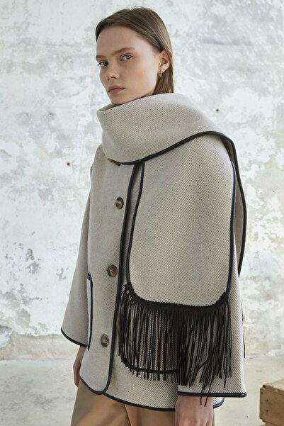 InStyle Δερμάτινο παλτό με λεπτομέρεια κασκόλ - εκρού