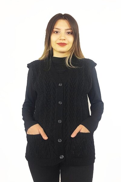 Nacar Kadın V Yaka Kalın Yün Kaz Ayağı Modelli Triko Düğmeli Cepli Anne Yelek