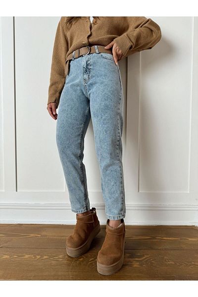 ByCukurovaFrango Blugi Mom Blue Indigo Snow Blue cu talie înaltă Blugi Boyfriend Blue 2024
