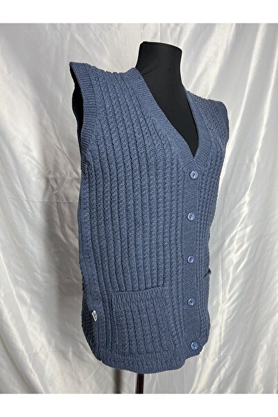 Nacar Kadın V Yaka Yün Triko Anne Cepli Saç Örgü Yelek