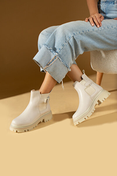 Brs Women's Cream Beige Comfortable Thermo Sole Warm Lining Elastic Buckle Boots