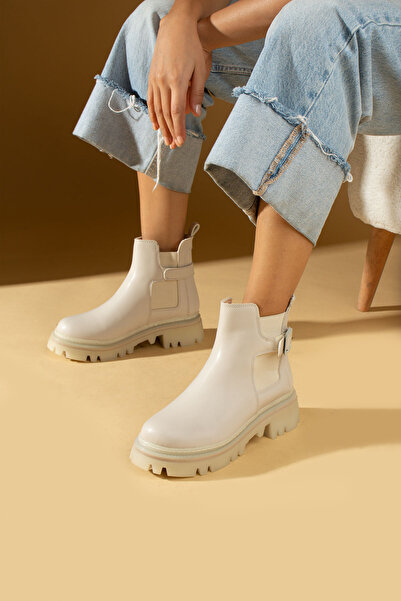 Brs Women's Cream Beige Comfortable Thermo Sole Warm Lining Elastic Buckle Boots