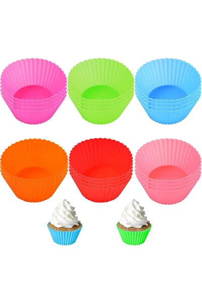 HOLLYHOME 12'li Yıkanabilir Mini Muffin Pişirme Kalıbı, Silikon Ribanalı Kek, Cupcake, Hamur Işi Renkli Kap