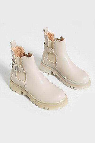 Brs Women's Cream Beige Comfortable Thermo Sole Warm Lining Elastic Buckle Boots