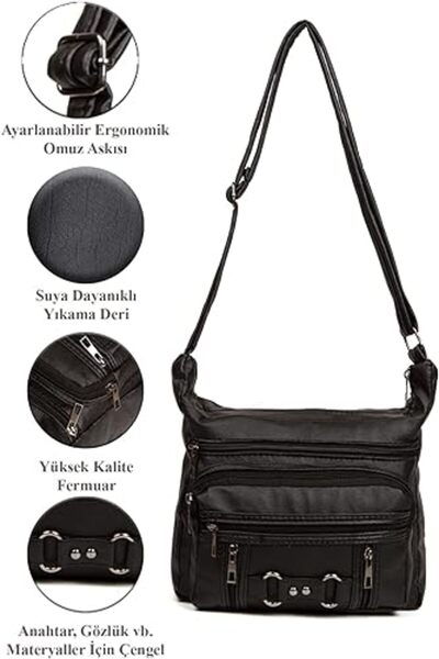 ikosga WOMEN'S BLACK VERY EYE WASHED LEATHER CROSSBODY BAG WIDTH 30 CM SIZE 24 CM
