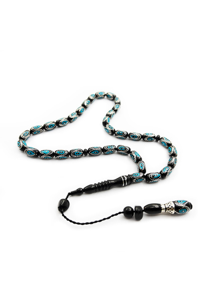 TAŞHAN Gümüş Firuze İşlemeli Kapsül Kesim Erzurum Oltu Taşı Tesbih