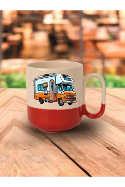 lili hediyelik Red Based Mug with Caravan Image - Ceramic Tea, Coffee Gift Cup