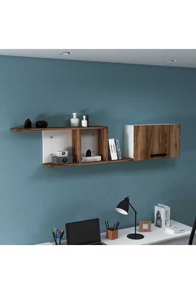ARNETTİ Newra 3-Section Wall Shelf with Cabinet Walnut & White - Newra
