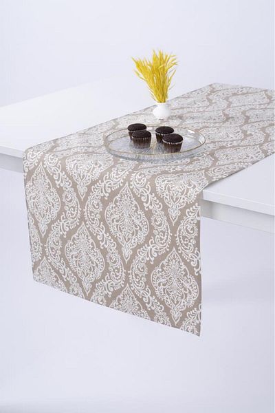 ALTINPAMUK Linen Runner Stain Resistant Fabric Damaks Beige 40x140