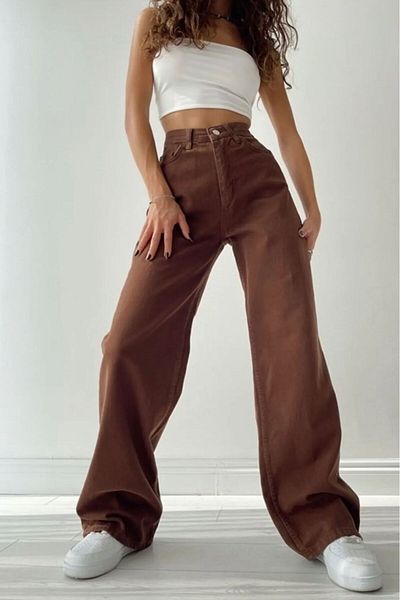 QİSSO Brown 100% Cotton Trend Wide Leg High Waist Women's Jeans