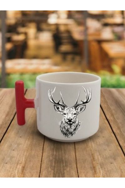 lili hediyelik Deer Printed Red Handle Coffee Cup Ceramic Mug - Ceramic Tea, Coffee Gift Cup