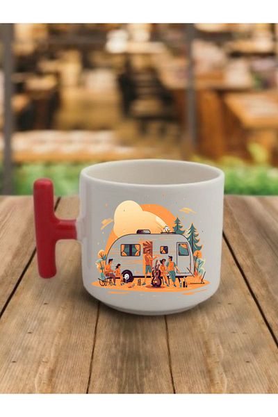 lili hediyelik Caravan And Holiday Printed Red Handle Coffee Cup Ceramic Mug